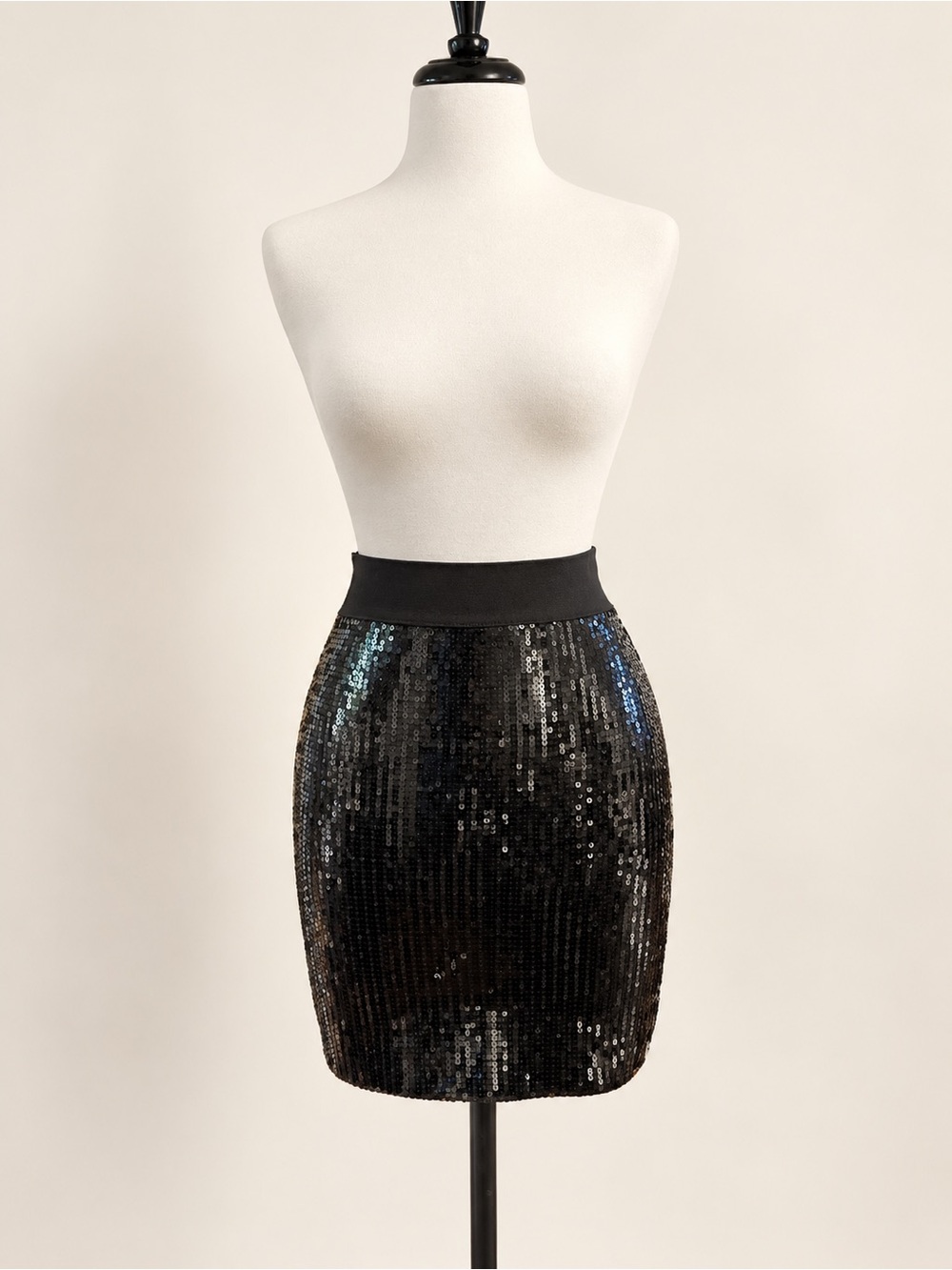Black Sequin Stretch Mini Skirt – Exposed Back Zipper